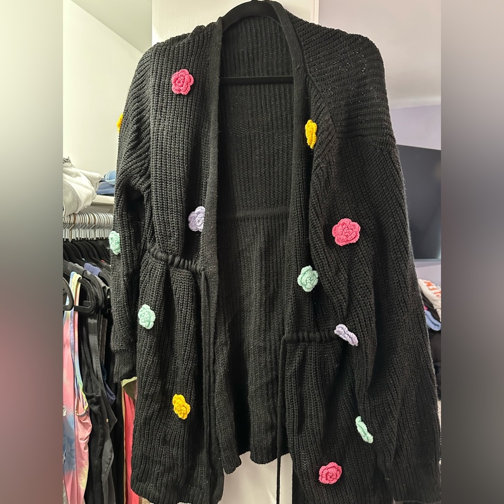 Black Sweater with colorful flowers